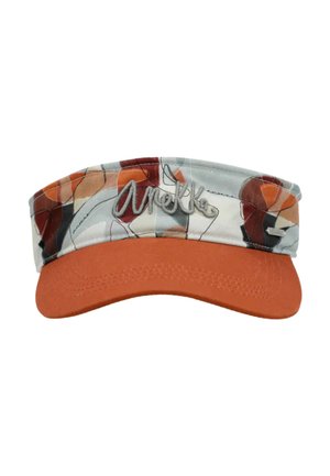 Visiera sportiva con tesa arancione curva e fascia in tessuto multicolore a motivo con ricamo grigio in rilievo "nroke".