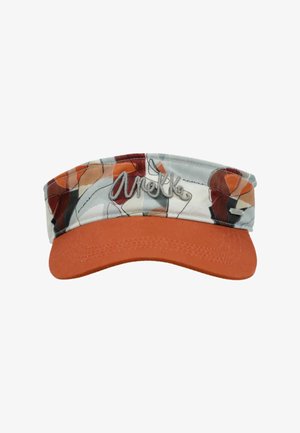 Visiera sportiva con tesa arancione curva e fascia in tessuto multicolore a motivo con ricamo grigio in rilievo "nroke".