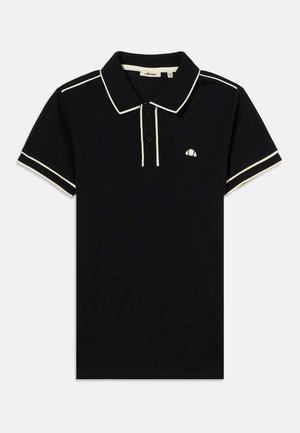 Polo noir à manches courtes avec passepoils blancs sur le col, les manches et les épaules, deux boutons noirs et petit logo blanc sur la poitrine.