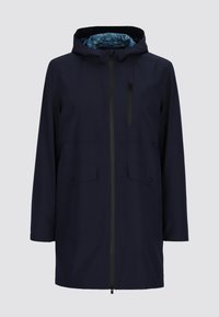 Marynarka wodoodporna w kolorze granatowym z zamek błyskawicznym, kapturem na sznurku, dwoma przednimi kieszeniami i wzorzystą podszewką. Posiada luźny krój.