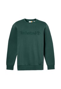 Felpa verde scuro realizzata in morbido cotone, con logo "Timberland" in rilievo e emblema dell'albero sulla parte anteriore, collo rotondo e polsini a costine.