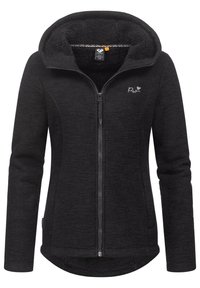 Schwarze, strukturierte Kapuzenjacke mit durchgehendem Reißverschluss, Fleece-Futter und Front-Logo. Verfügt über lange Ärmel und einen leicht abgerundeten Saum.