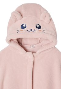 Soft pink hooded fleece with a cute animal face embroidered on the hood, featuring ears and large, sparkling eyes.