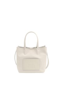 Borsa tote in pelle beige con doppio manico superiore, una tracolla rimovibile e una tasca frontale piatta con il nome del brand impresso.