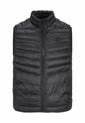 Gilet imbottito nero con colletto alto, zip frontale e texture trapuntata. Include un dettaglio logo sul petto.