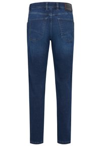 Granatowe dżinsy z prostym krojem, z dwoma tylnymi kieszeniami, markowym paskiem i subtelnymi detalami w szwach.