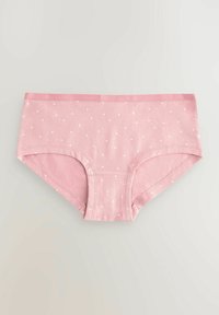 Roze katoenen ondergoed met witte stippen, lichtgewicht stof, elastische tailleband en een eenvoudig ontwerp met een slip-vorm.