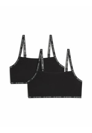 Deux soutiens-gorge de sport noirs avec fines bretelles réglables affichant la marque G-Star sur les bretelles et la bande inférieure, posés à plat sur un fond blanc.