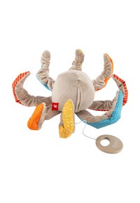 Plüsch-Oktopusspielzeug mit einem beigen Körper und bunten, strukturierten Tentakeln in orange, gelb, blau und roten Mustern. Enthält ein Ziehkabel.