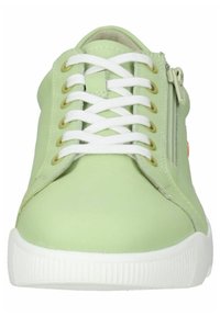 Light green sneaker with a smooth leather upper, white laces, gold eyelets, vertical zipper, and a textured white rubber sole.