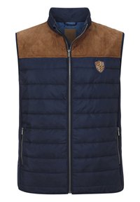 Marineblauer, gesteppter Weste mit einem Schulterpanel aus braunem Wildleder, durchgehendem Reißverschluss vorne und Seitentaschen. Verfügt über ein Emblem auf der oberen linken Seite.