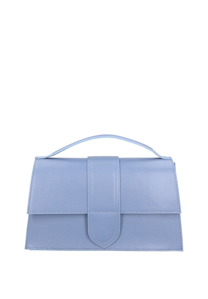 Borsa a mano in pelle azzurro chiaro con forma strutturata, pattina superiore piatta e manico corto. Presenta una texture liscia e un design minimalista.