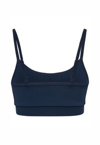 Navyblå bralette gjord av mjukt, elastiskt tyg med justerbara spaghettiband och band under bysten för stöd.