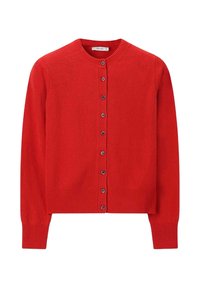 Cardigan en tricot rouge avec un col rond, des manches longues et des boutons noirs sur le devant. Ourlet et poignets côtelés. Texture lisse.