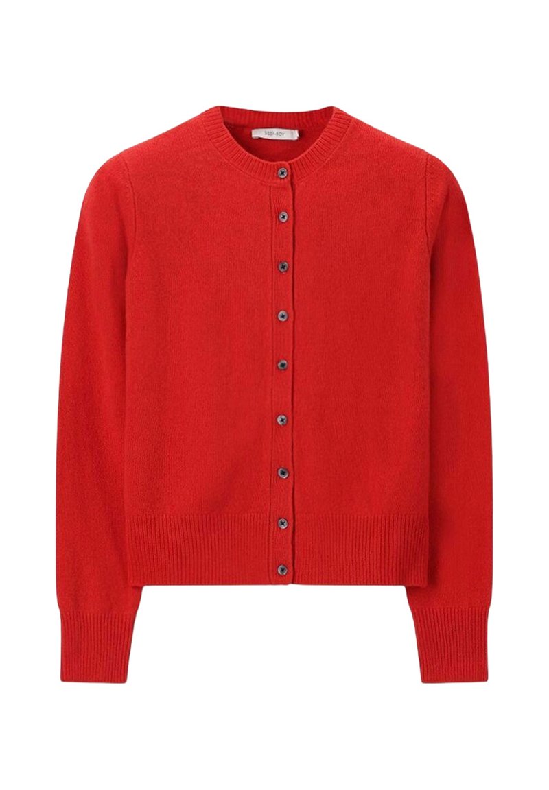 Cardigan en tricot rouge avec un col rond, des manches longues et des boutons noirs sur le devant. Ourlet et poignets côtelés. Texture lisse.