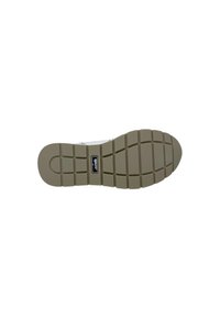 Suola della scarpa in gomma marrone chiaro con motivo a battistrada quadrato. Presenta un piccolo etichetta con logo nero. Design piatto e resistente per la trazione.