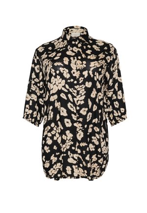 Camicia nera con bottoni, caratterizzata da un motivo floreale in beige. Tessuto morbido con una vestibilità rilassata e maniche a lunghezza gomito.