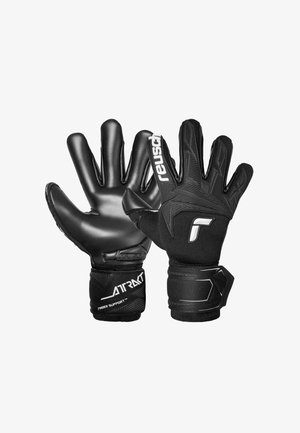 Par de guantes de portero Reusch negros con dorso texturizado, palma lisa, correas elásticas en la muñeca y detalles de marca en blanco.