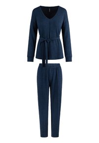 Mørkeblå hyggetøjsæt med V-udskæring og langærmet top med bindebælte samt matchende bukser med elastisk talje. Blødt, tekstureret stof.