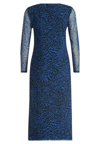 Šaty s dlouhým rukávem v černo-modrém vzoru vln. Mají průsvitné rukávy a rovný střih, vyrobené z hladké látky.