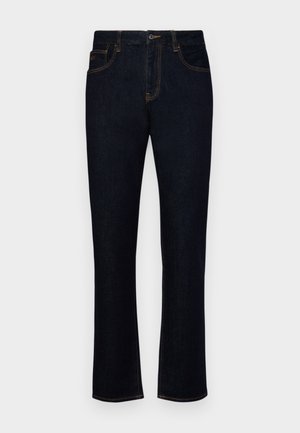 Jean en denim bleu foncé avec une coupe droite, couture visible, fermeture à bouton et à fermeture éclair, et poches standard.