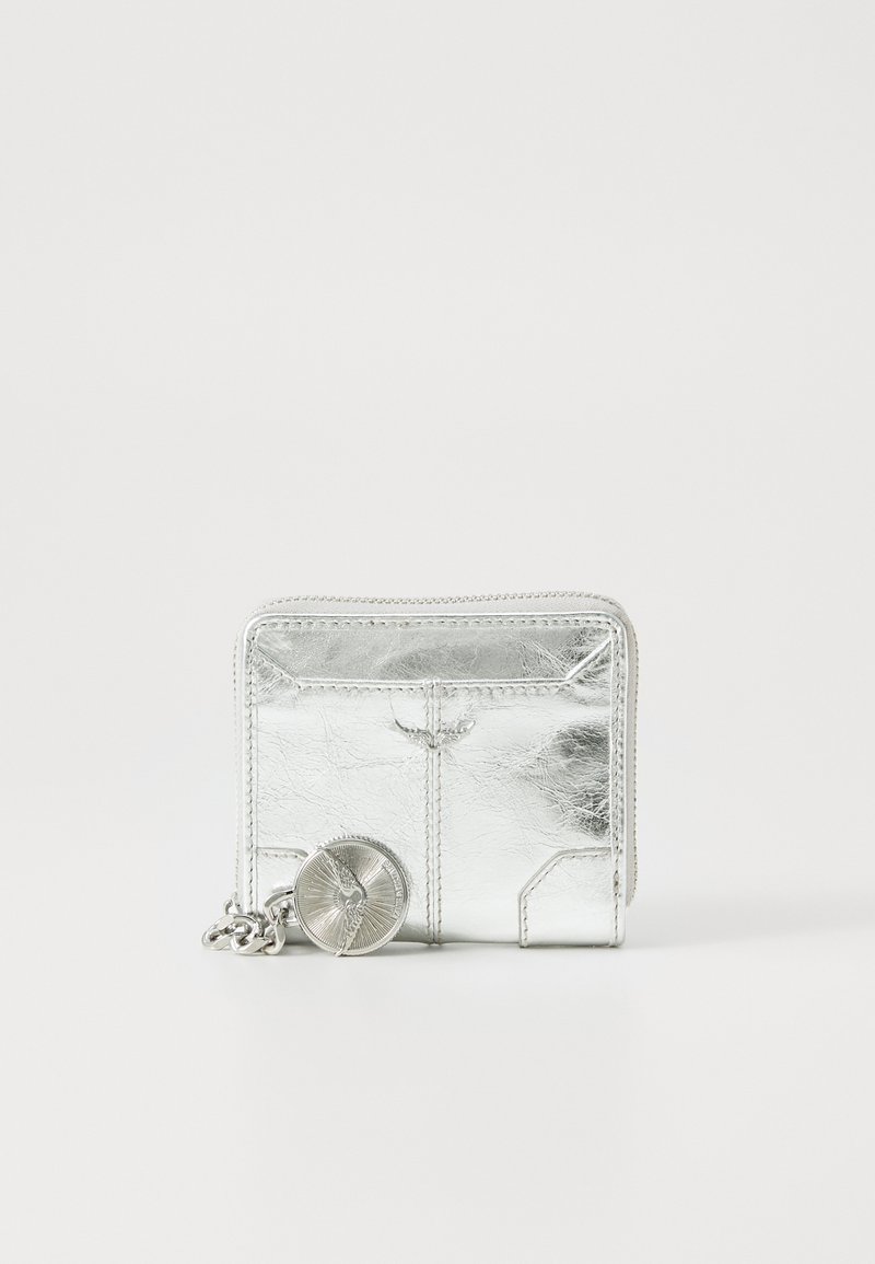 Silver metallic wallet with a smooth texture, zip closure, front card slots, and a decorative chain with a circular charm.