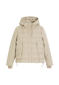 Beżowa pikowana kurtka z kapturem, z zamykanymi na zamek kieszeniami z przodu i sznurkiem ściągającym u dołu. Gładka faktura i detal w postaci przeszycia.