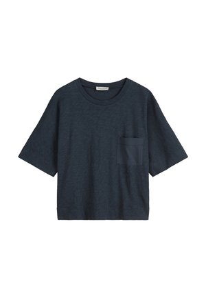Navy blue short-sleeve t-shirt made from soft fabric, featuring a pocket on the left chest, with a relaxed, boxy fit and round neckline.