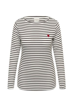 Camicia a maniche lunghe con righe orizzontali in bianco e nero. Presenta un piccolo emblema a forma di cuore rosso sul petto. Realizzata in un tessuto morbido e elastico.
