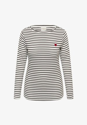 Long-sleeve shirt with black and white horizontal stripes. Features a small red heart emblem on the chest. Made from soft, stretchy fabric.