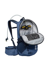 Blauer Hydrationsrucksack mit verstellbaren Trägern, einem großen Reißverschlussfach und einem internen Reservoir für Wasser, ausgestattet mit einem Trinkschlauch.