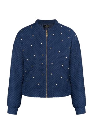 Marineblauer, gesteppter Bomberjacke mit einem goldenen Reißverschluss, verziert mit dekorativen goldenen Nieten und gerippten Bündchen sowie Saum.