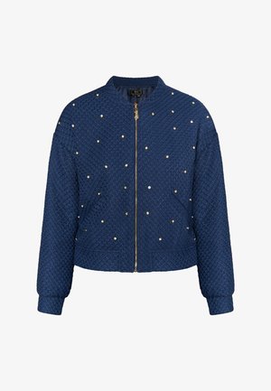 Giacca bomber trapuntata blu navy con zip dorata, dotata di borchie decorative dorate e polsini e orlo a costine.