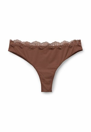 Tanga marrón con un borde de encaje en la cinturilla y un cuerpo de tela suave, diseñado para tener una visibilidad mínima y comodidad.