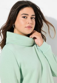 Pullover verde menta con colletto alto e maniche lunghe. Tessuto morbido con una superficie liscia, caratterizzato da una vestibilità comoda e uno stile casual.