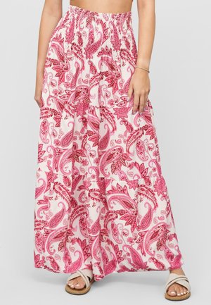Roze en witte maxi rok met een paisleypatroon, voorzien van een smocktail. Lichte stof met een vloeiende silouet.