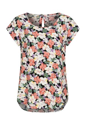 Bluse mit floralem Druck und kurzen Ärmeln; schwarzer Hintergrund mit pinken, weißen und lila Blumen; Schlüsselloch-Rückendetail, abgerundeter Saum.