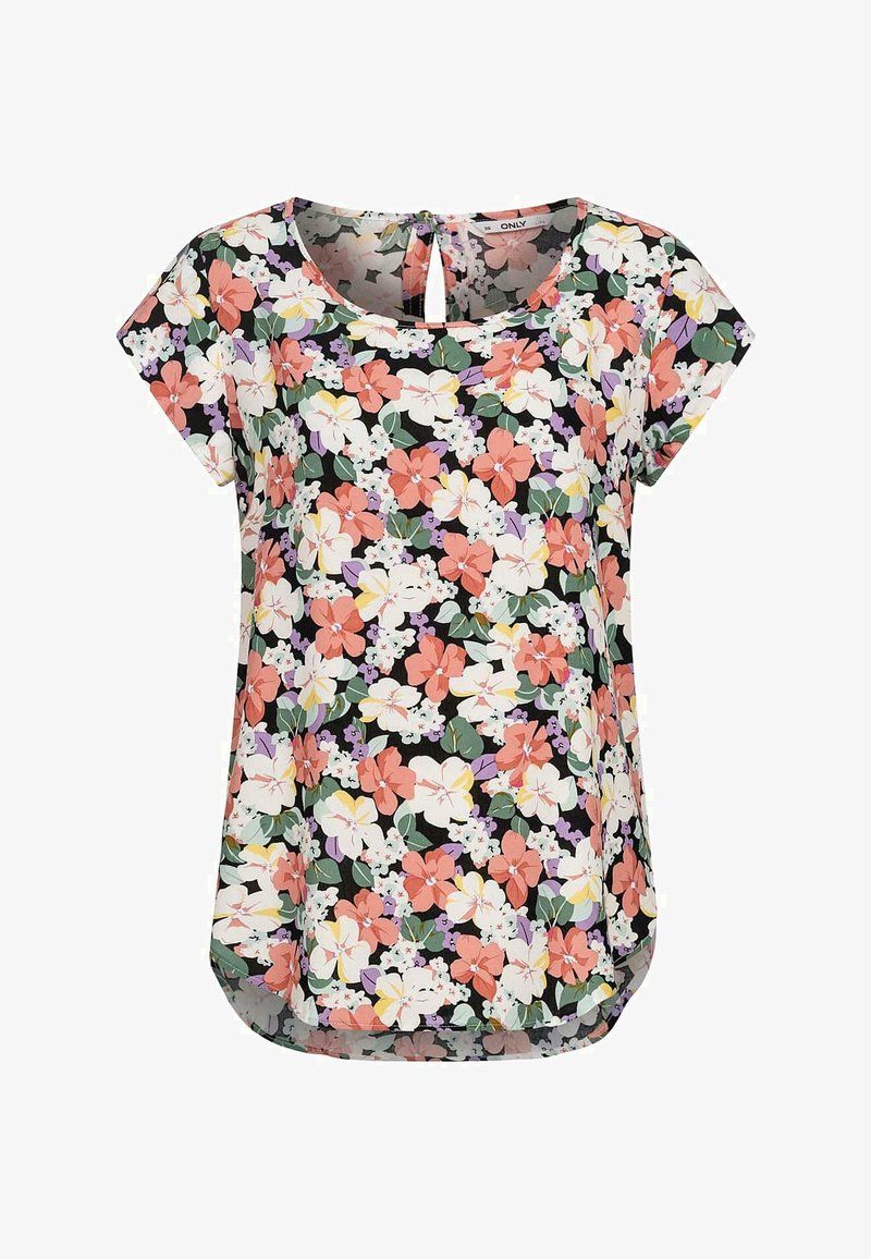 Blusa a maniche corte con stampa floreale; sfondo nero con fiori rosa, bianchi e viola; dettaglio sulla schiena a forma di chiave, orlo curvo.