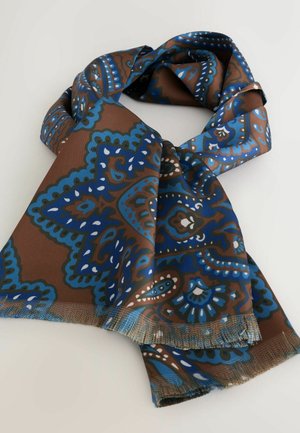 Hned scarf s modrým zložitým paisley vzorom, s hladkou textúrou a franžami na okrajoch. Navrhnutý v obdĺžnikovom tvare.