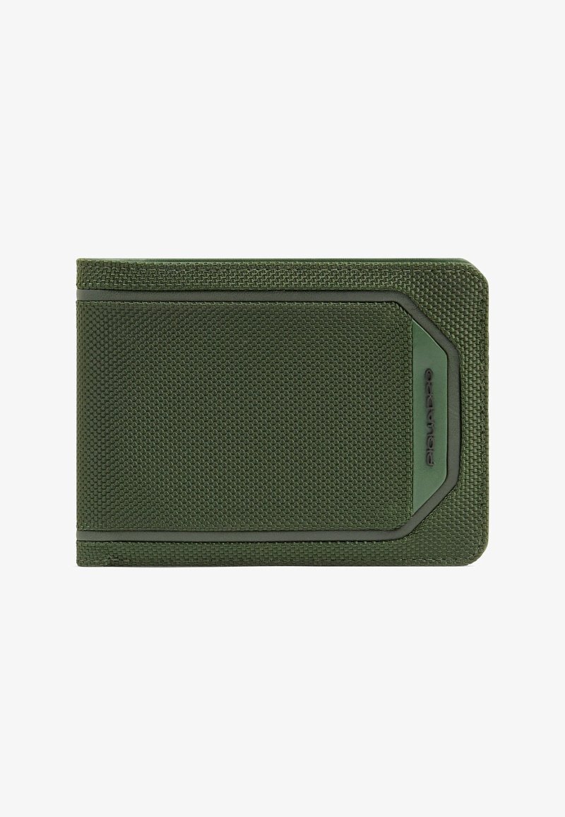 Portefeuille compact vert foncé texturé avec un design rectangulaire et un logo de marque subtil dans un coin.