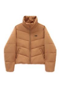 Chaqueta puffier color canela con cuello alto, cierre de cremallera, diseño de acolchado vertical y dos bolsillos laterales. Presenta un logo de Vans en el pecho.