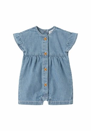 Blåstribet bomuldsromper med korte udslåede ærmer, frontlukning med træknapper og samlet talje.