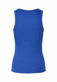 Blauwe mouwloze tanktop van ribstof. Heeft een ronde halslijn en een aansluitend ontwerp met een gladde textuur.