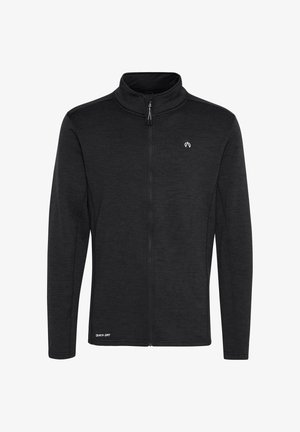 Black zip-up jacket with textured fabric, high collar, long sleeves, and "QUICK DRY" text on the lower hem. Features a minimalist logo.