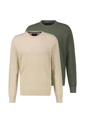 To langærmede crewneck-trøjer, en beige og en olivengrøn, med et subtilt teksturmønster og et lille logo på brystet.