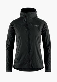 Veste légère noire avec un col montant, fermeture éclair sur toute la longueur, poches latérales et une texture respirante. Comprend un détail de logo sur la poitrine.