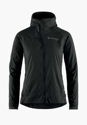 Schwarze leichte Jacke mit hohen Kragen, durchgehendem Reißverschluss, seitlichen Taschen und atmungsaktivem Material. Mit Logodetail auf der Brust.