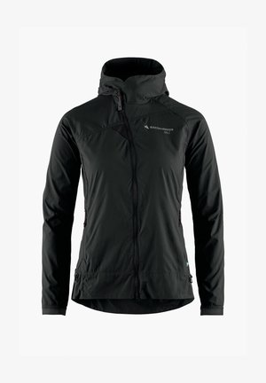 Musta kevyt takki, jossa on korkea kaulus, täyspitkä vetoketju, sivutaskut ja hengittävä materiaali. Rinnassa on logopainatus.