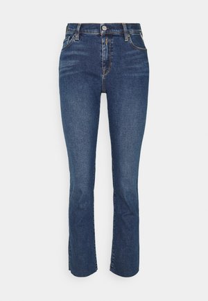 Dunkelblaue Jeans aus Denim mit einer enganliegenden Taille, gerader Beinform und sanften Ausbleichungen. Verfügt über einen frontalen Knopfverschluss und einen klassischen Fünf-Taschen-Stil.