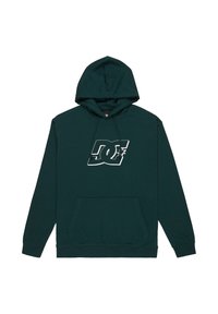 Zielona bawełniana bluza z kapturem, z przednią kieszenią kangurką, sznurkiem w kapturze oraz białą grafiką logo na klatce piersiowej. Miękka tekstura i luźny krój.